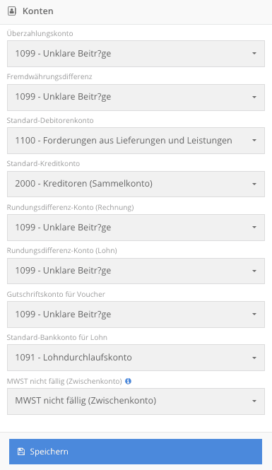 Bereich «Konten» mit Überzahlungskonto, Fremdwährungsdifferenz, Standard-Debitorenkonto, Standard-Kreditkonto, Rundungsdifferenz-Konten, Gutschriftskonto für Voucher, Standard-Bankkonto für Lohn und der Schaltfläche «Speichern»
