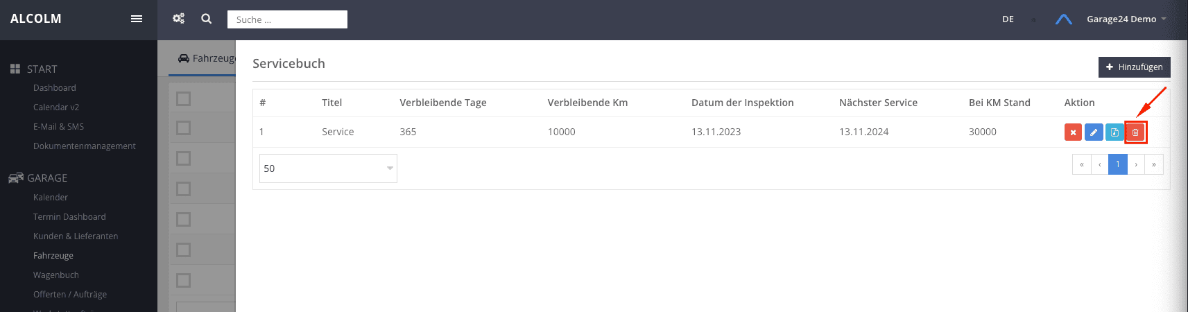 Auf Inspektionsverfahren löschen klicken