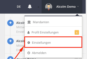 Benutzermenü oben rechts mit dem Eintrag «Einstellungen»