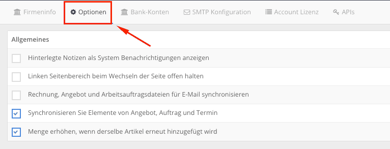 Einstellungen mit den Reitern Firmeninfo, Optionen, Bank-Konten und weiteren