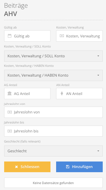 Bereich «Beiträge AHV» mit den Feldern Gültig ab, Kosten Verwaltung, AG Anteil, AN Anteil, Jahreslohn von und bis sowie Geschlecht