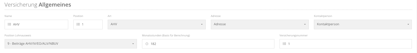 Formular «Versicherung Allgemeines» mit Name, Position, Art, Adresse, Kontaktperson, Position Lohnausweis, Monatsstunden und Versicherungsnummer