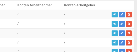 Schaltflächen am Ende einer Versicherungszeile: hellblau für die Beiträge, blau zum Bearbeiten, rot zum Löschen