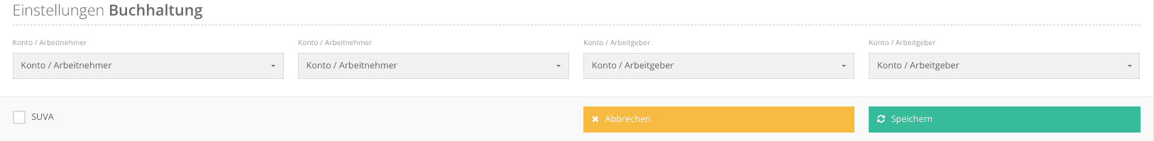 Bereich «Einstellungen Buchhaltung» mit je zwei Kontenfeldern für Arbeitnehmer und Arbeitgeber, dem Haken SUVA sowie den Schaltflächen Abbrechen und Speichern