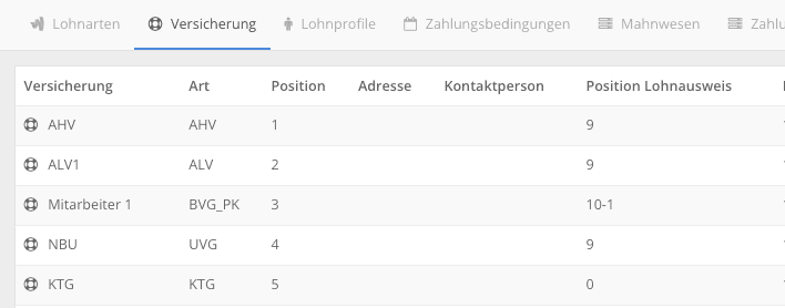 Finanz-Einstellungen mit geöffnetem Reiter «Versicherung» und der Liste der Versicherungen