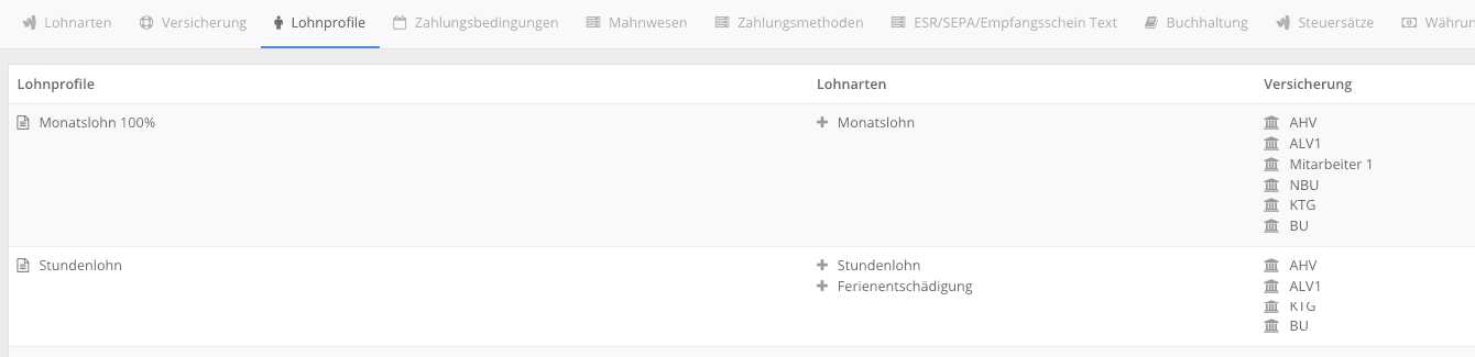 Liste der Lohnprofile mit den zugehörigen Lohnarten und Versicherungen