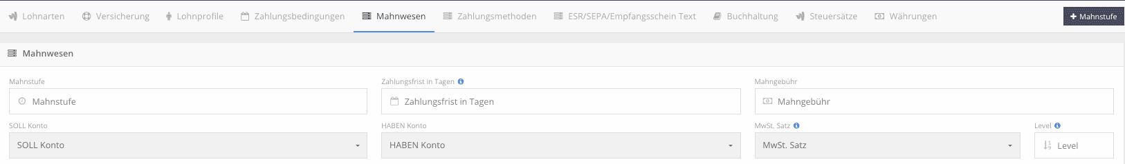 Formular für eine Mahnstufe mit Mahnstufe, Zahlungsfrist, Mahngebühr, SOLL- und HABEN-Konto, MwSt-Satz und Level
