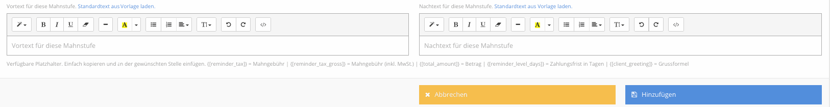 Editoren für Vortext und Nachtext der Mahnstufe, darunter die verfügbaren Platzhalter und die Schaltfläche «Hinzufügen»