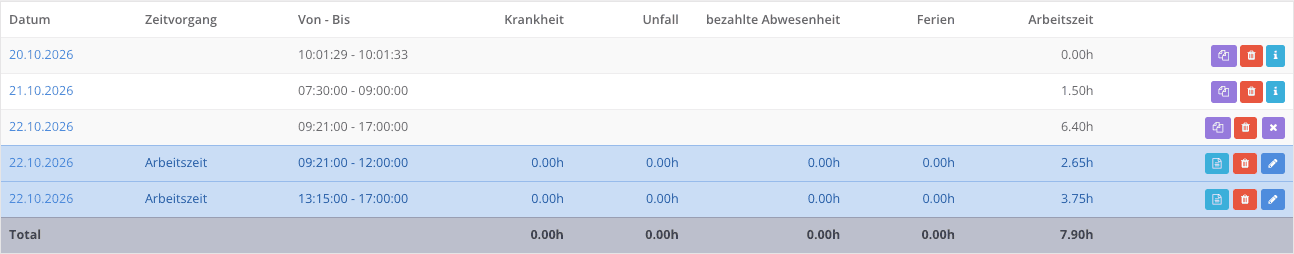 Liste der erfassten Zeiten der Woche mit Total