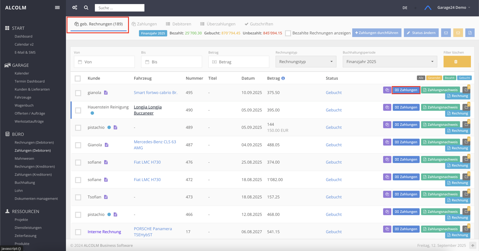 Auf Zahlungen klicken für ausbuchung