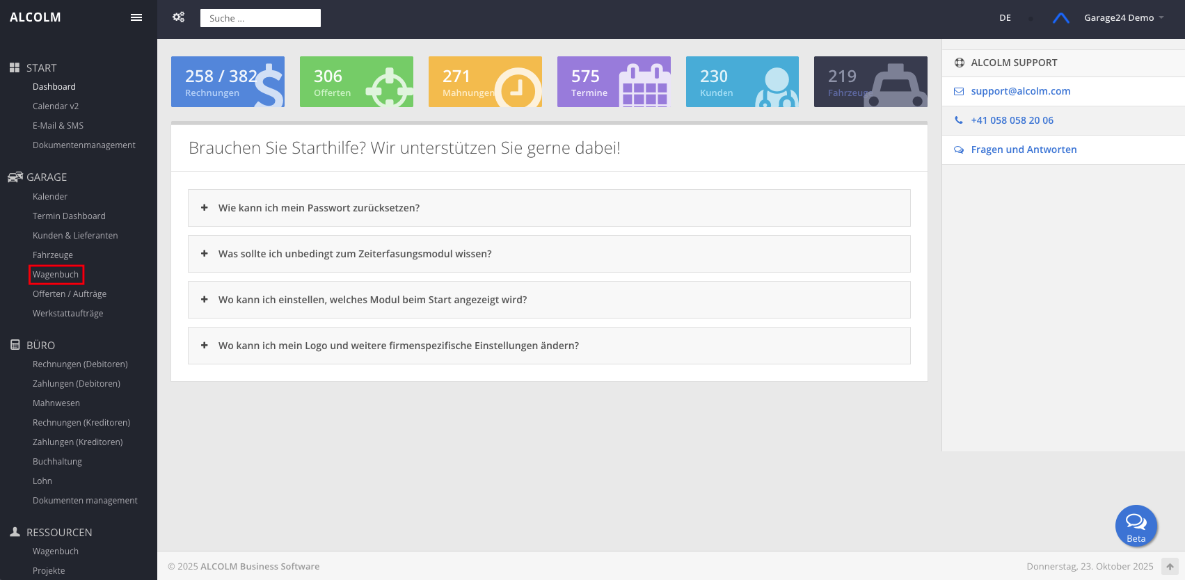 Auf das Modul Wagenbuch klicken