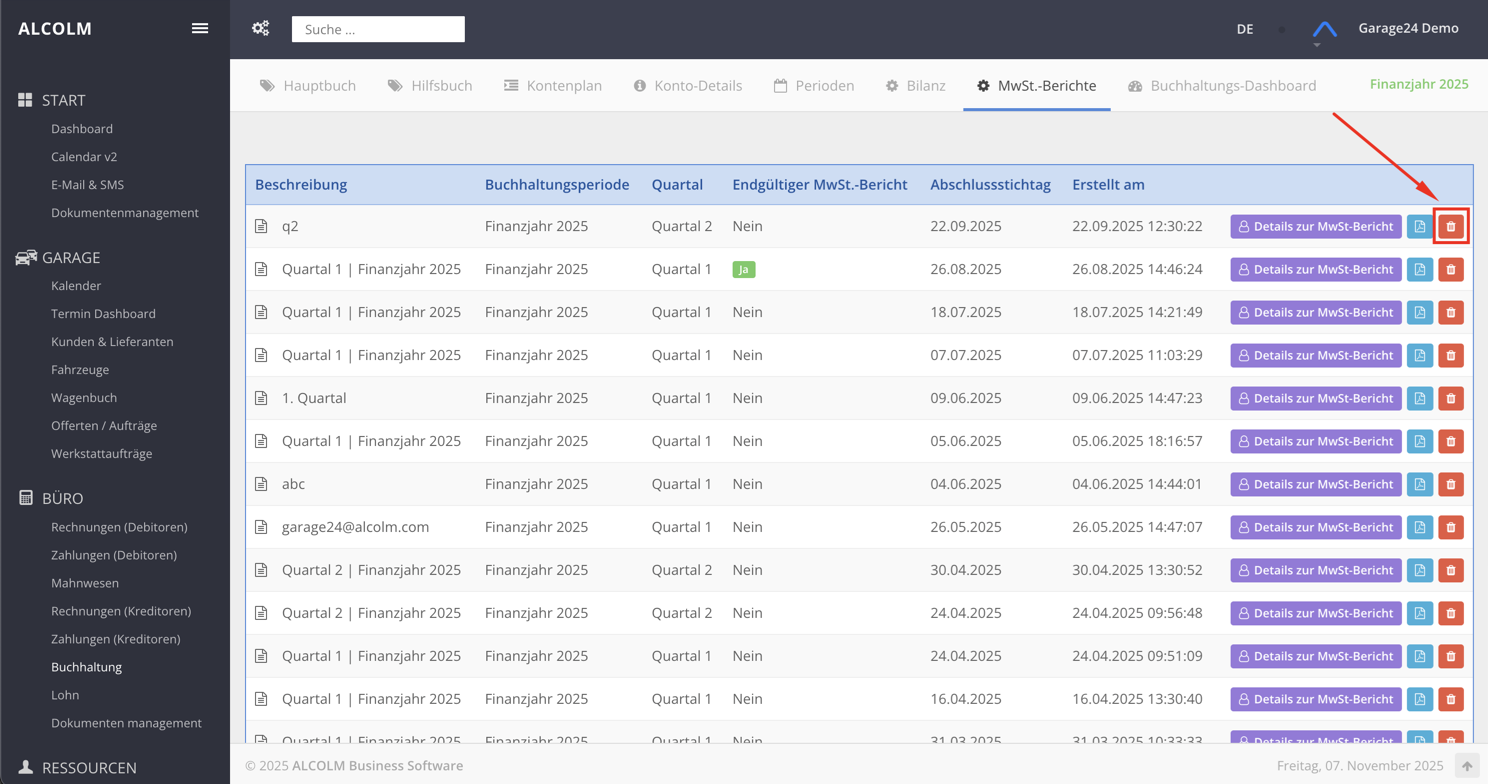Auf MwSt-Bericht löschen klicken