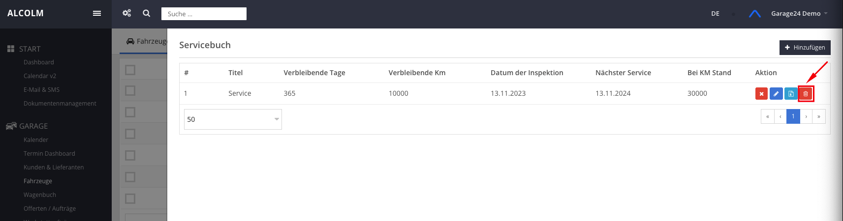 Auf Inspektionsverfahren löschen klicken