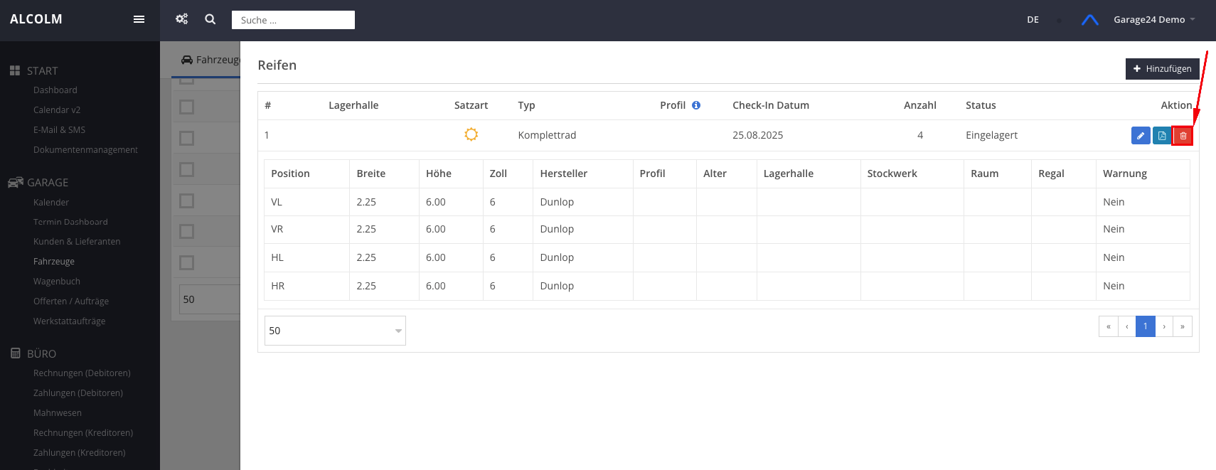 Auf Reifen löschen klicken