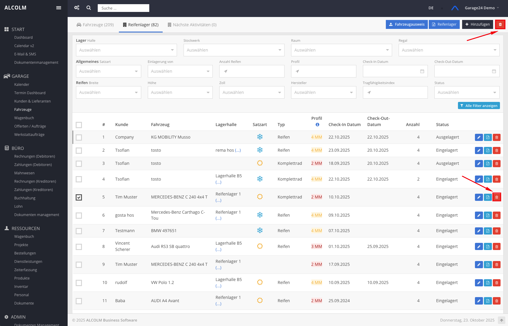 Auf Reifensatz löschen klicken