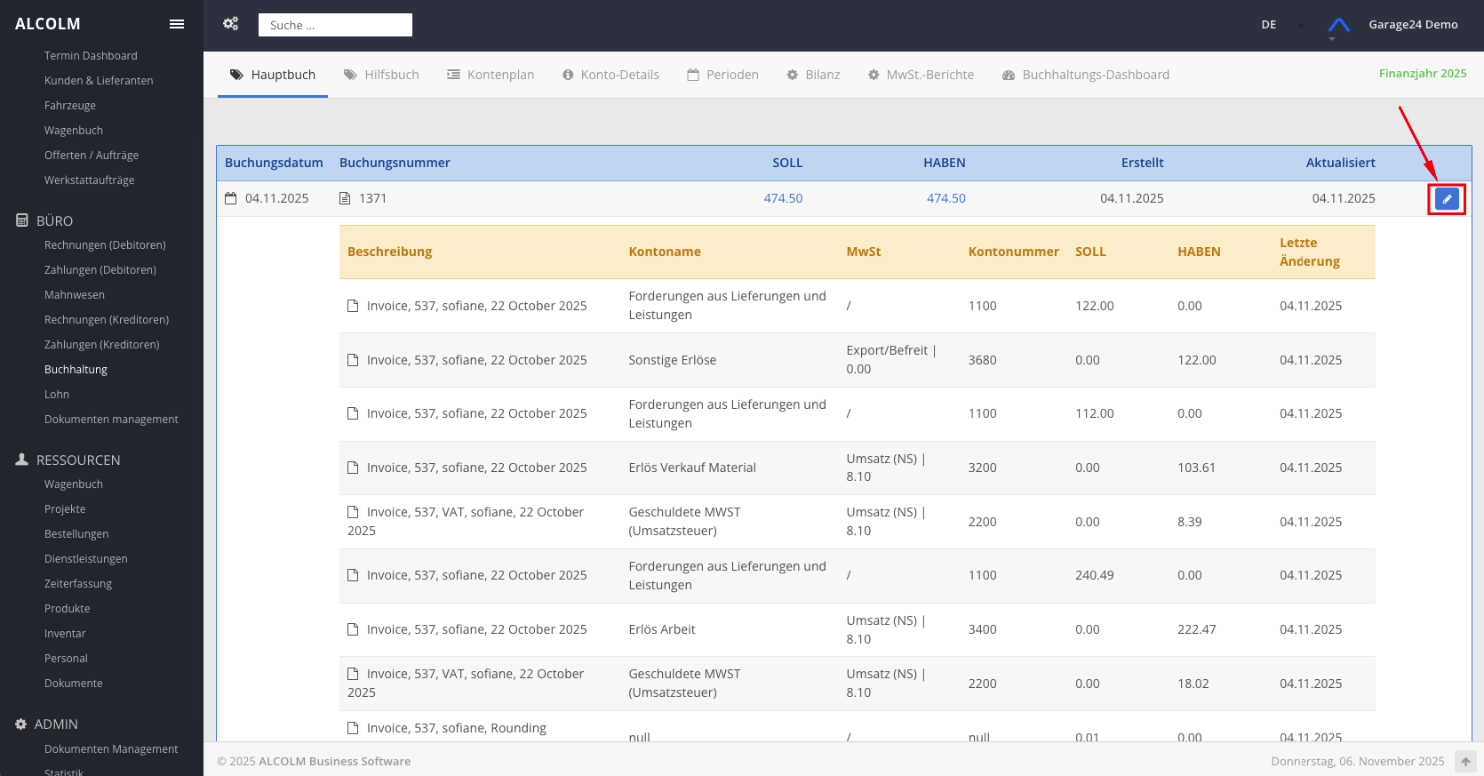 Auf Hauptbuch bearbeiten klicken