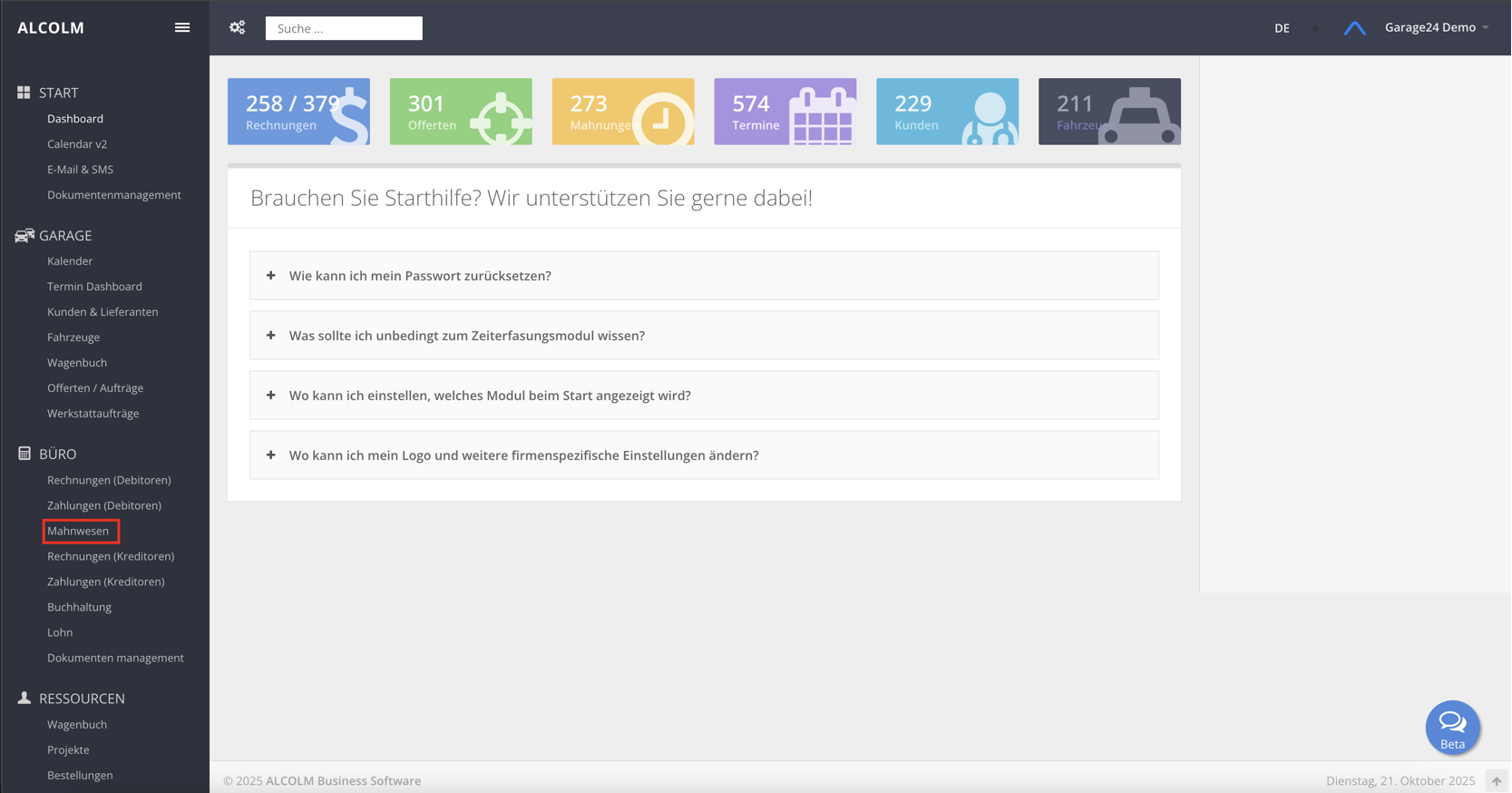 Auf Modul Mahnwesen klicken