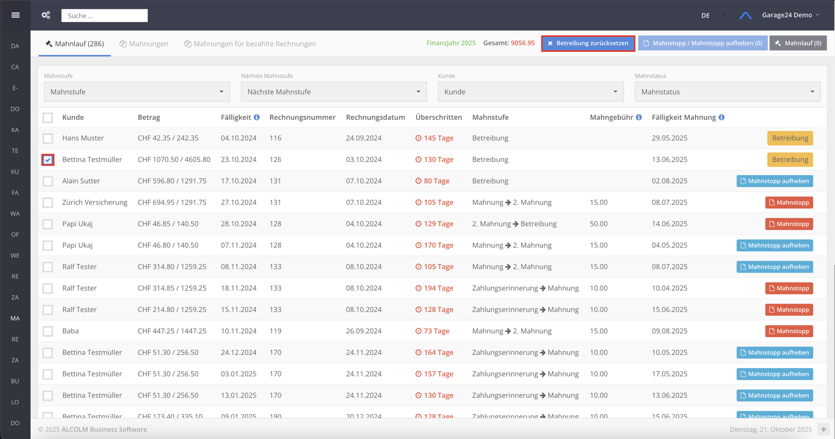 Auf Betreibung zurücksetzen klicken