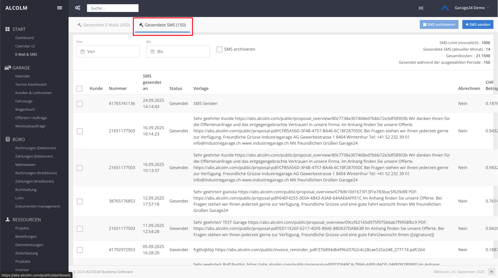 Auf SMS Tab wechseln