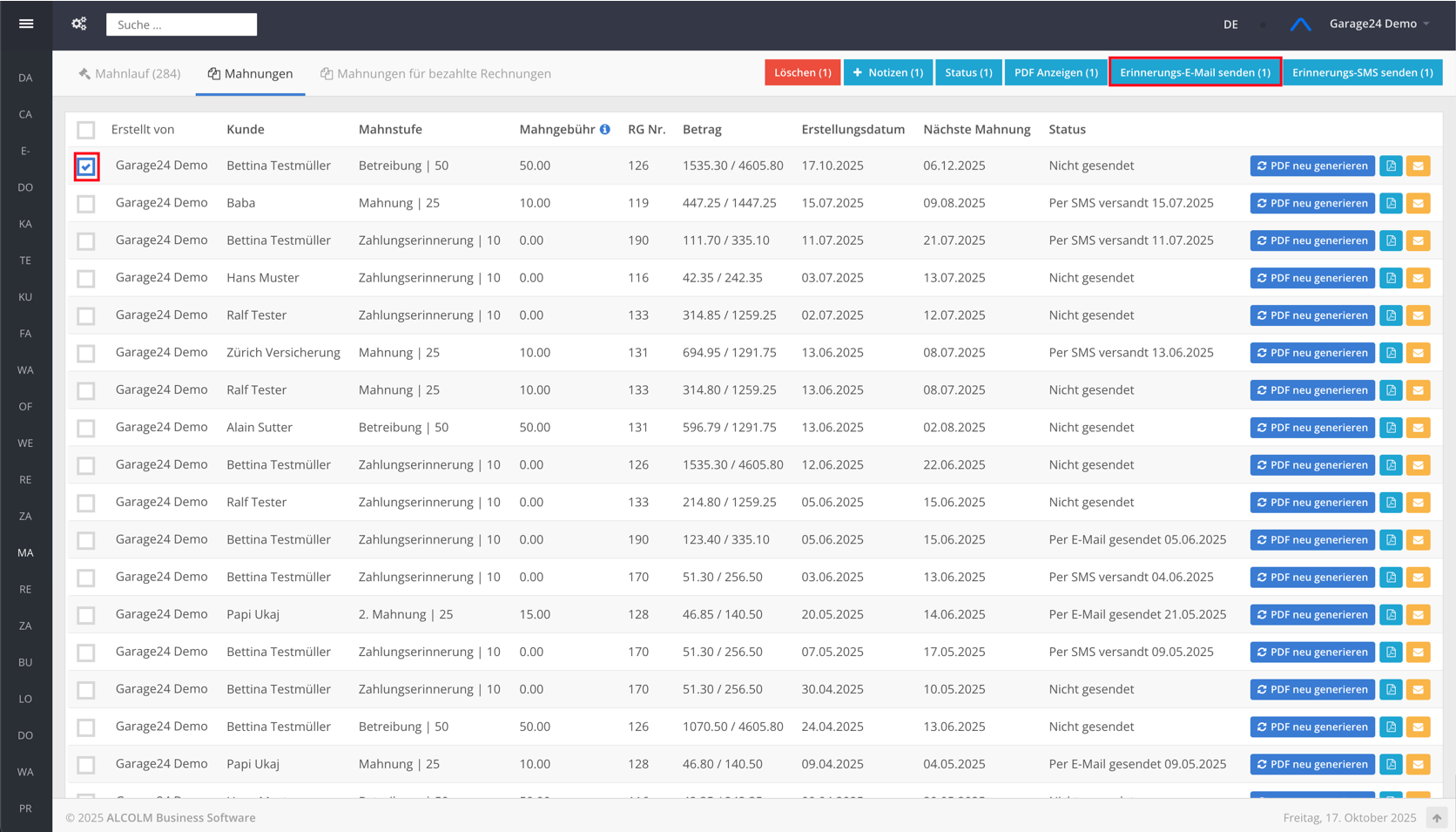 Mahnung auswählen und auf E-Mail senden klicken