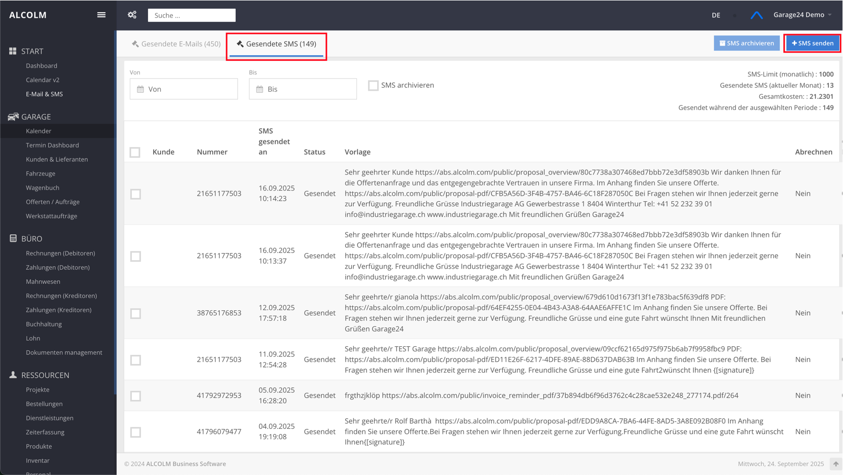 Auf SMS senden klicken