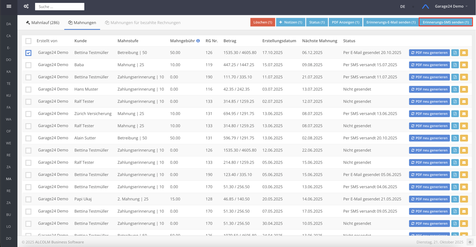 Auf Erinnerungs-SMS senden klicken