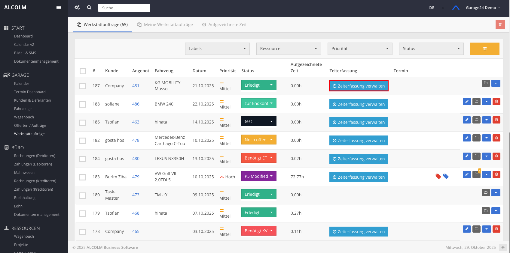 Auf Zeiterfassung verwalten klicken
