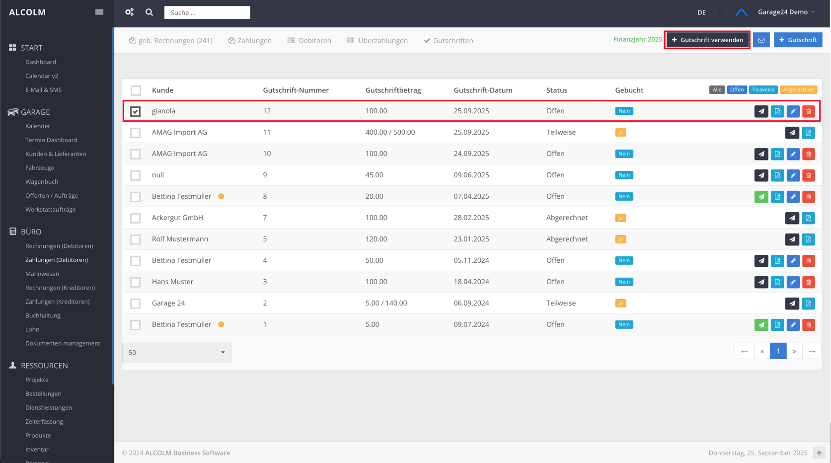 Auf Gutschrift verwenden klicken