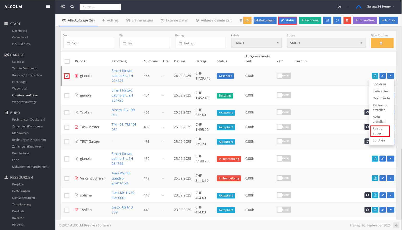 Auf Status ändern klicken