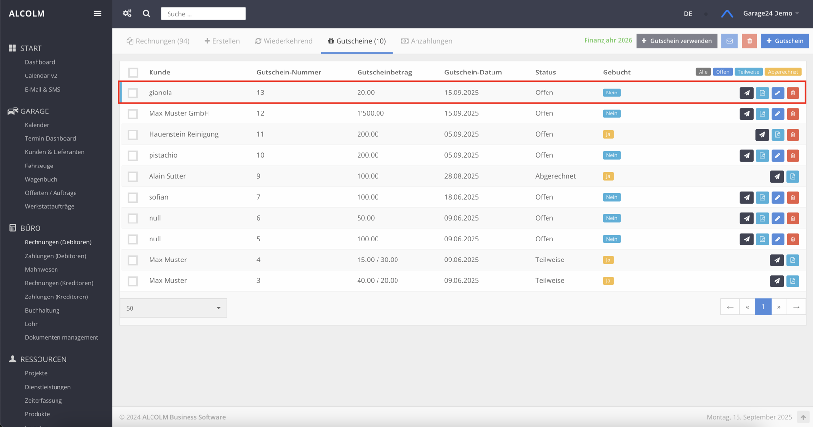 Liste der Gutscheine