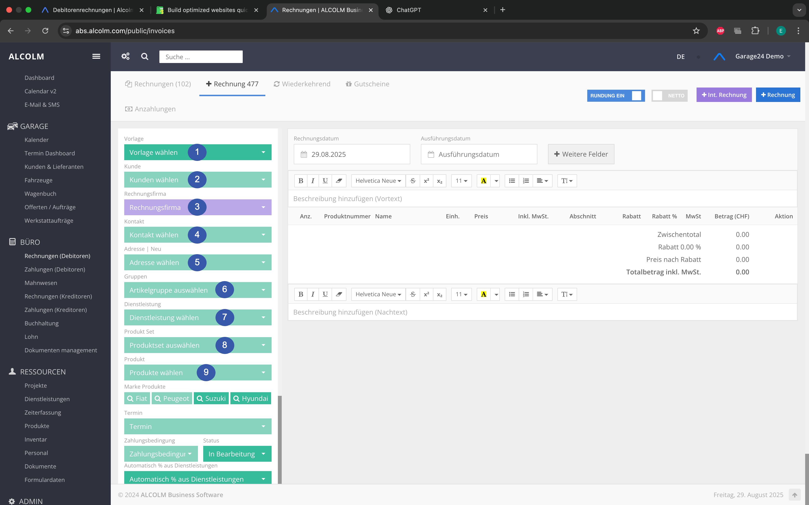 Rechnung erstellen Legende