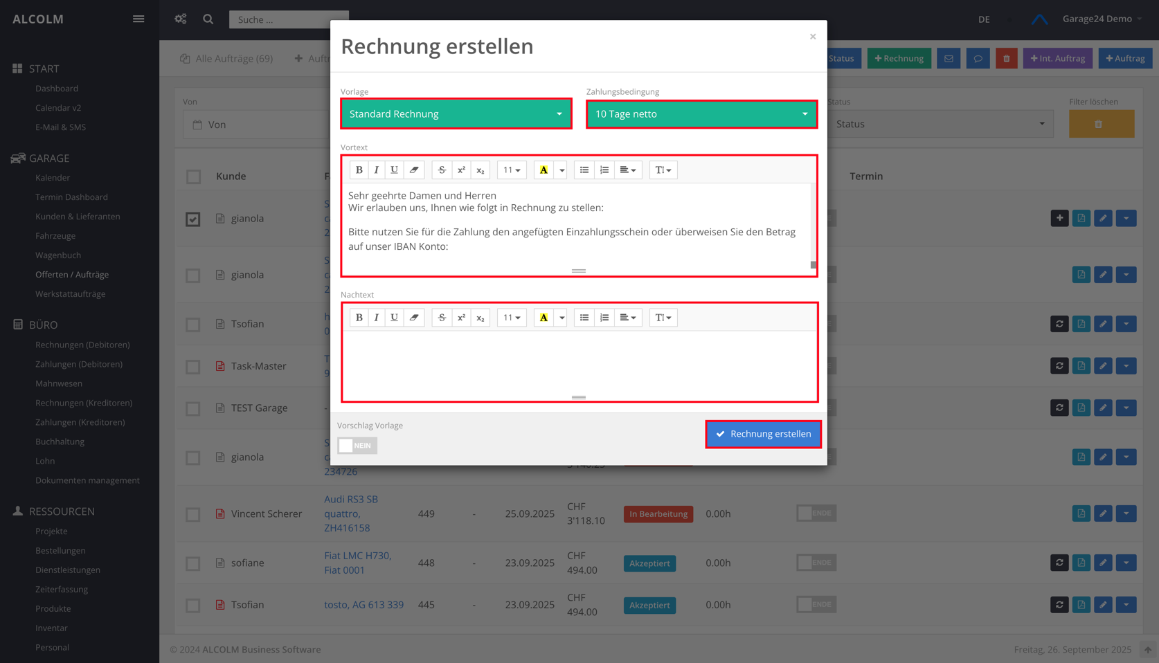 Rechnung zu einem Auftrag erstellen
