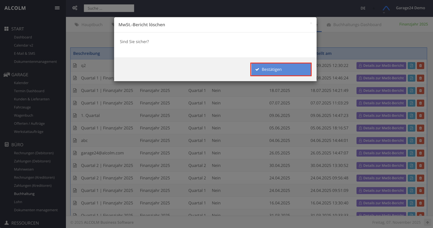 MwSt-Bericht löschen