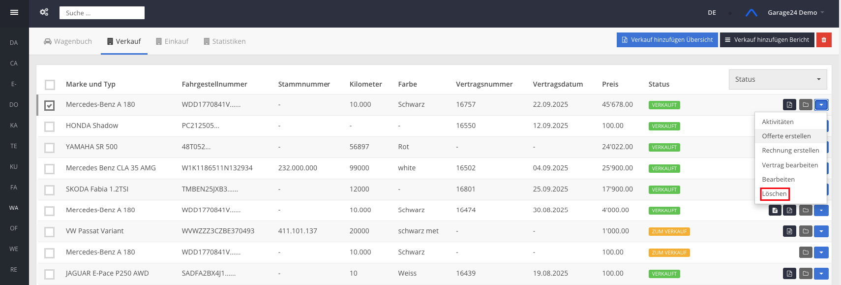 Verkauf löschen Drop Down Menu