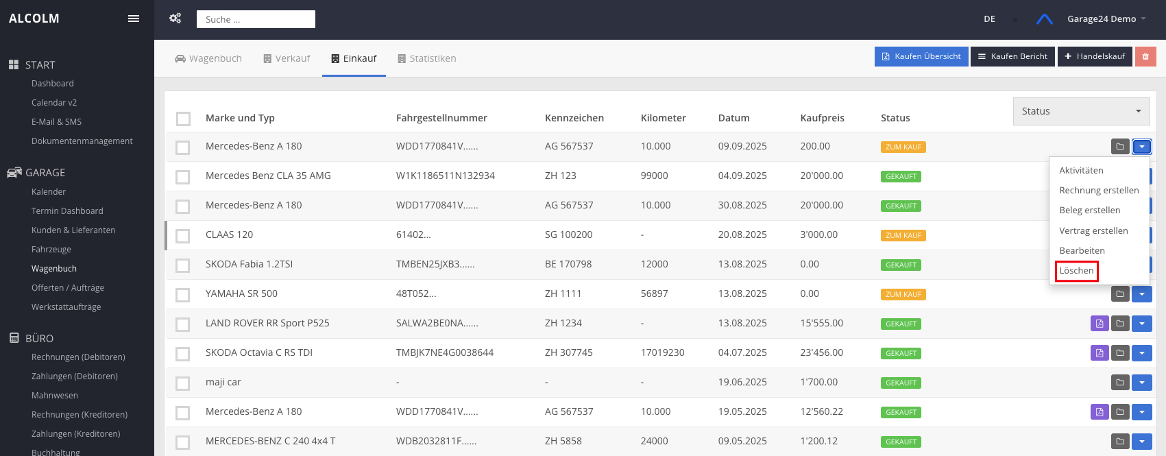 Verkauf löschen Drop Down Menu