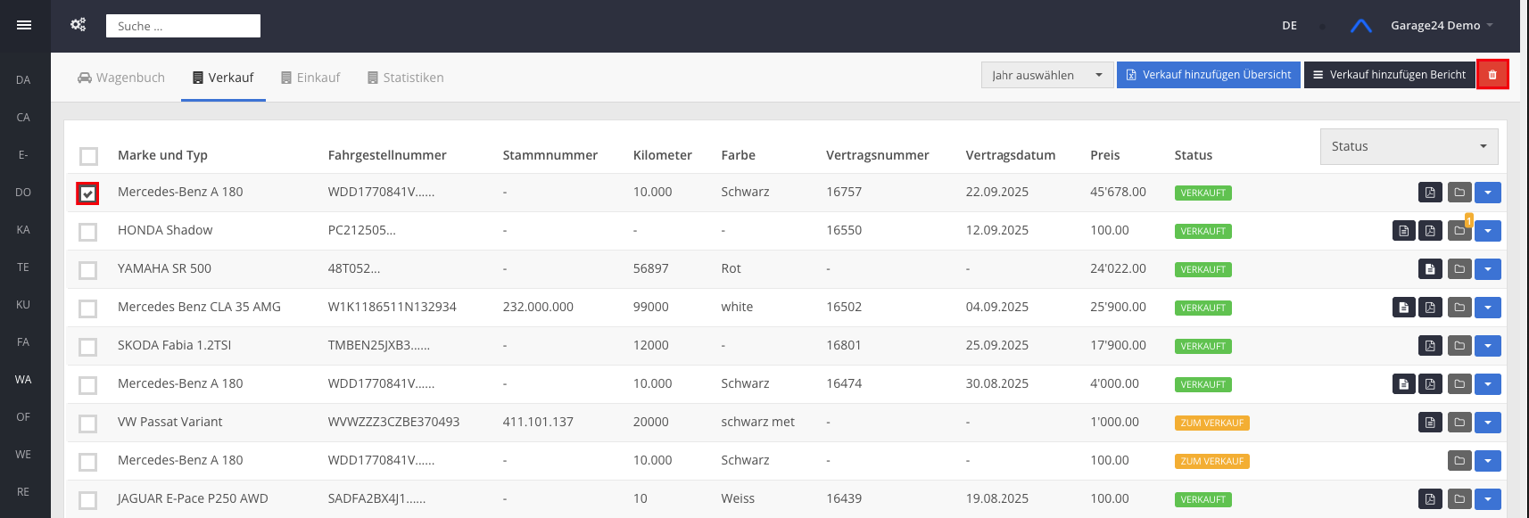 Verkauf löschen Navigationsleiste