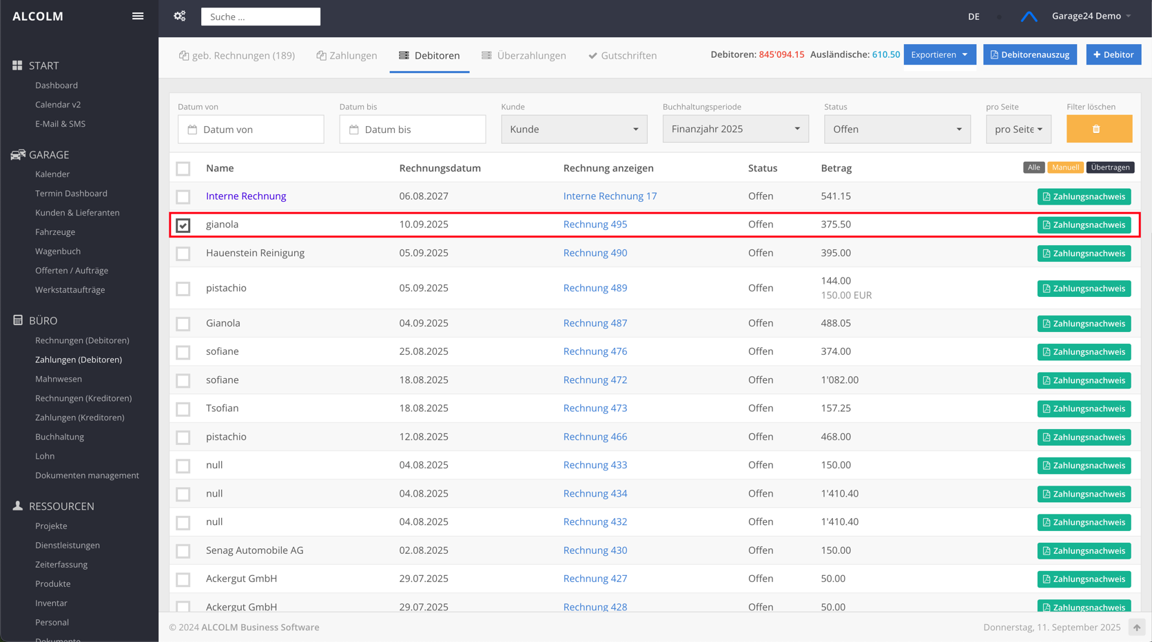 Rechnung auswählen zum ausbuchen