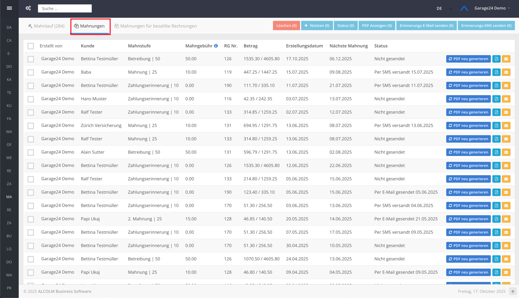 Tab wechseln zu Mahnungen