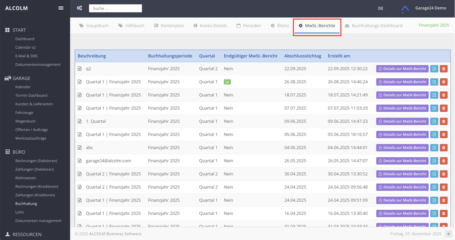 Tab wechseln zu MwSt.-Berichte
