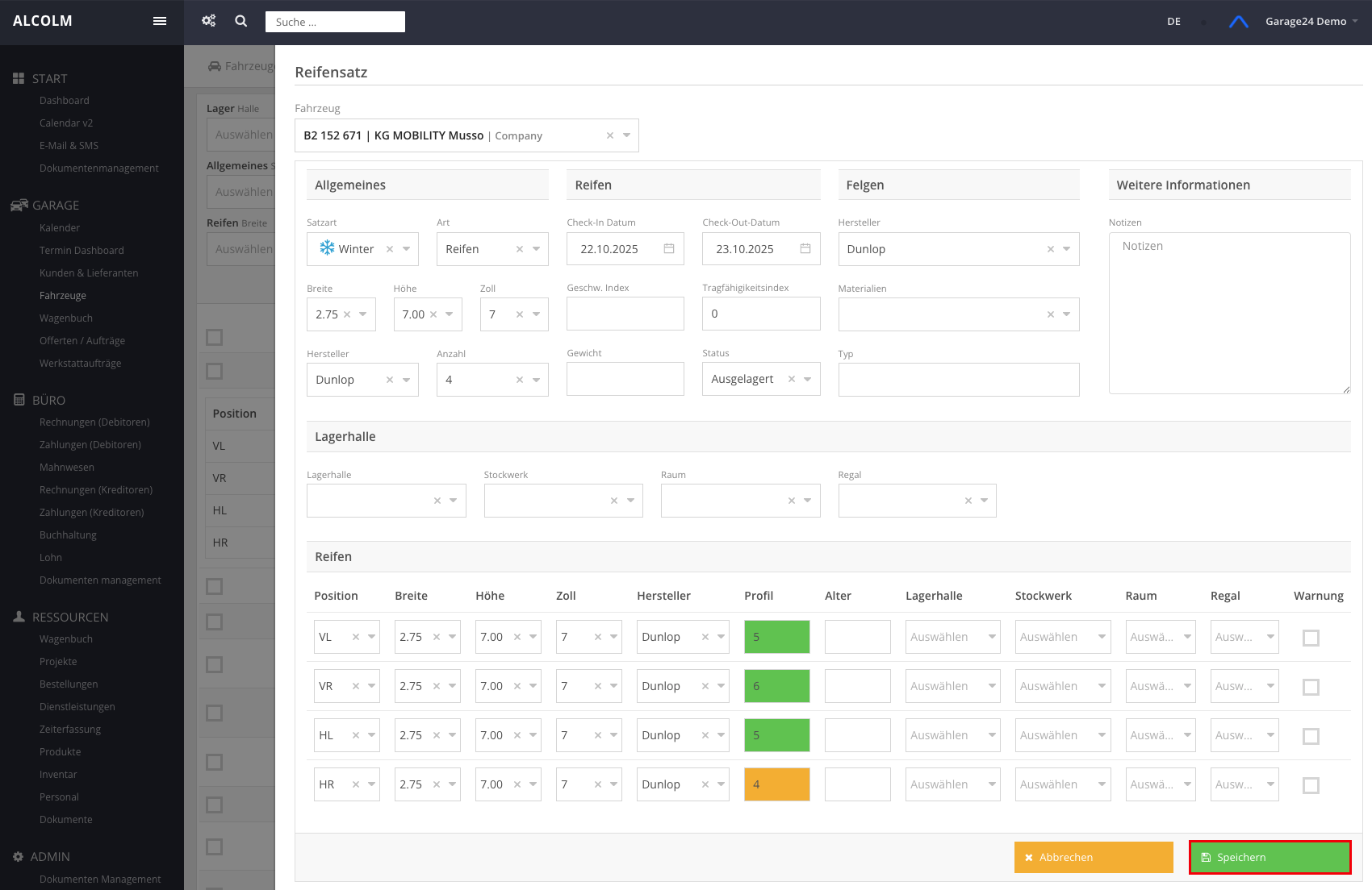Reifensatz bearbeiten