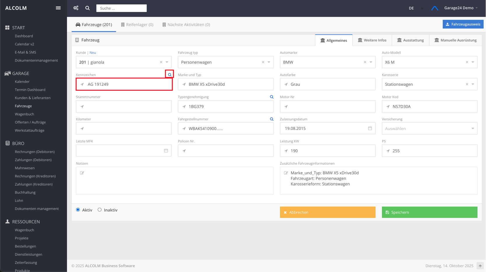 Kenzeichen eingeben und Suchen klicken