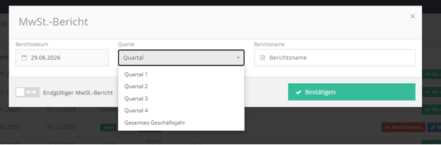 Quartal für MWST-Bericht auswählen